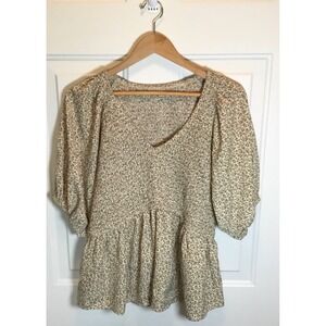 Womes XXL Floral Smocked Peplum Blouse Puff Sleeve Cottagecore Top Beige